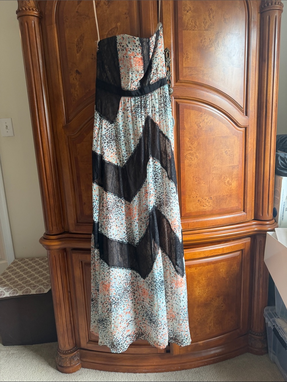 BCBGMaxAzria Strapless Floral Maxi with Black Lace Chevron